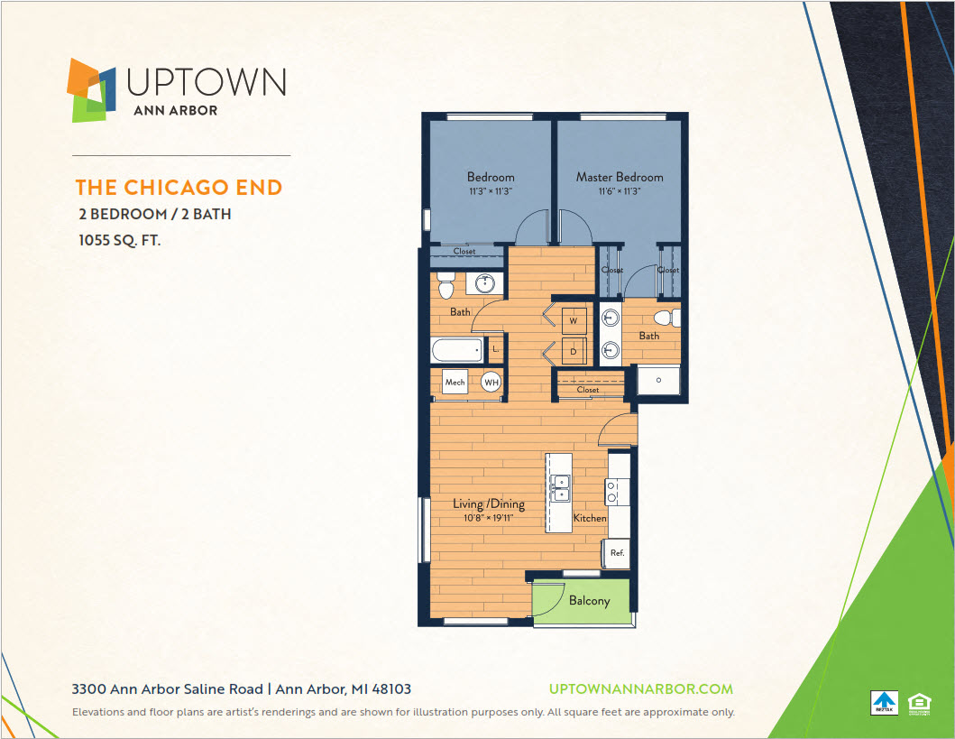 Floor plan for 2 beds, 2 baths, 1025 sqft